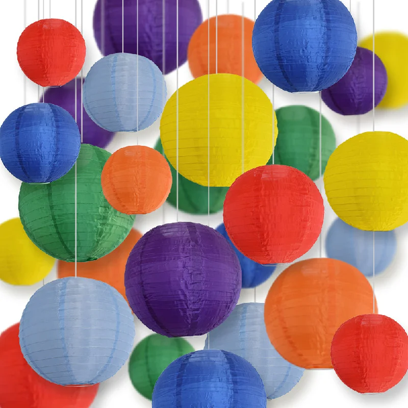 Oval shaped Edison light bulbsUltimate 28-Piece Rainbow Variety Nylon Lantern Party Pack - Assorted Sizes of 6", 8", 10", 12" (7 Round Lanterns Each) for Weddings, Events and Décor