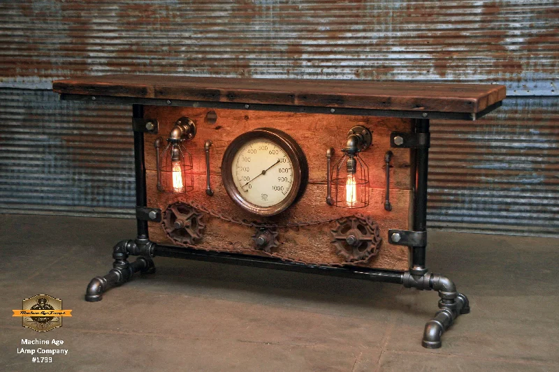 Steampunk Industrial Table, Lamp Stand, Console, Barn wood & Steam Gauge - #1733