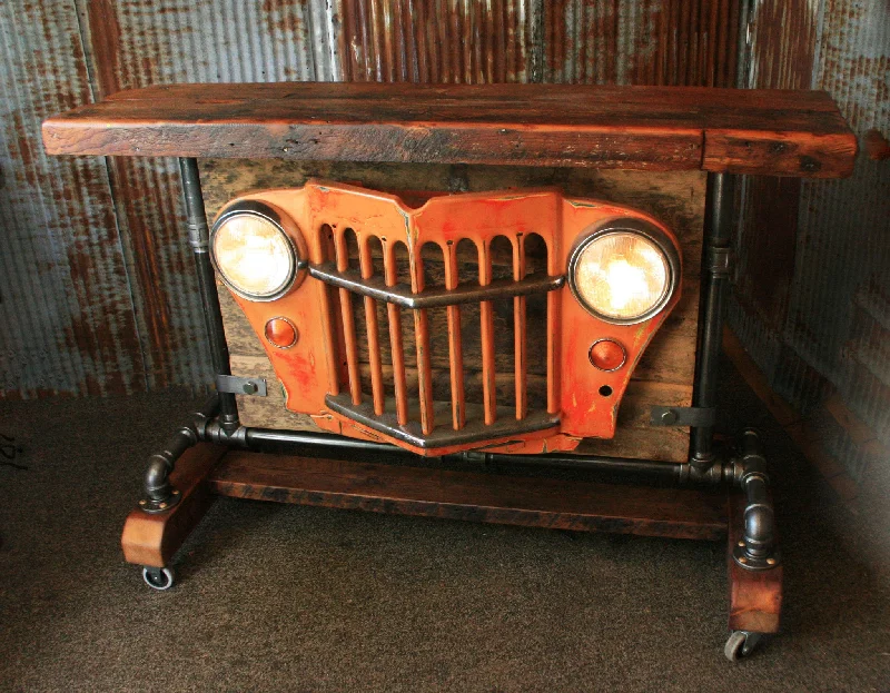 Steampunk Industrial, Barn Wood, Jeep Willys Grill Pub Console Table Hostess Station- #890