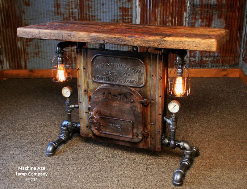 Steampunk Industrial Table / Antique Boiler Door / Steam Gauge / Barn wood / #1211 - SOLD