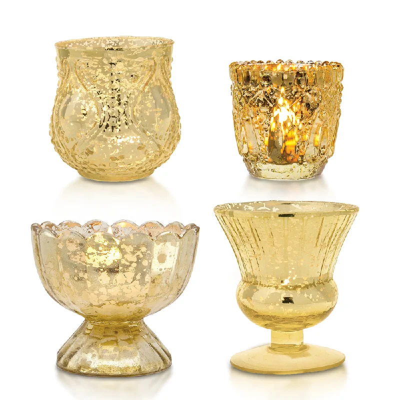 Vintage inspired LED Edison light bulbsElevation Gold Mercury Glass Tea Light Votive Candle Holders (Set of 4, Assorted Designs and Sizes)