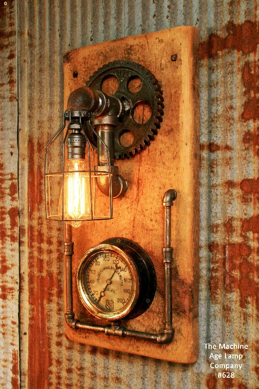 Steampunk, Industrial Barn Wood Wall Sconce, Steam Gauge - #628