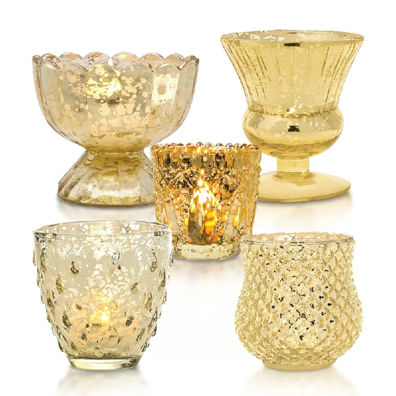 UL listed Edison light bulbsTimeless Gold Mercury Glass Tea Light Votive Candle Holders (Set of 5, Assorted Designs and Sizes)