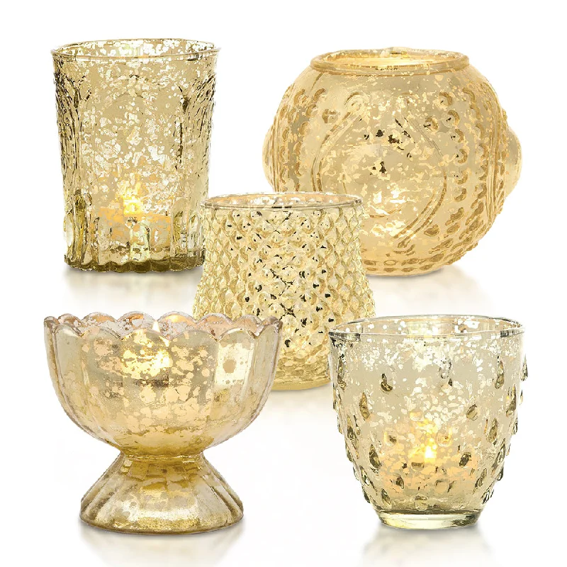 Nickel plated base Edison light bulbsAllure Gold Mercury Glass Tea Light Votive Candle Holders (Set of 5, Assorted Designs and Sizes)