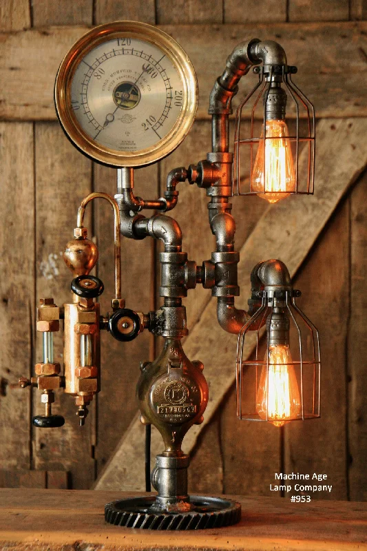 Steampunk Industrial Pipe Lamp, Antique Oiler and Steam Gauge - #953 - SOLD