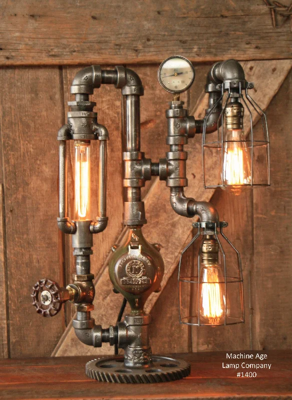 Steampunk Industrial Lamp, Gear and Steam Gauge - #1400