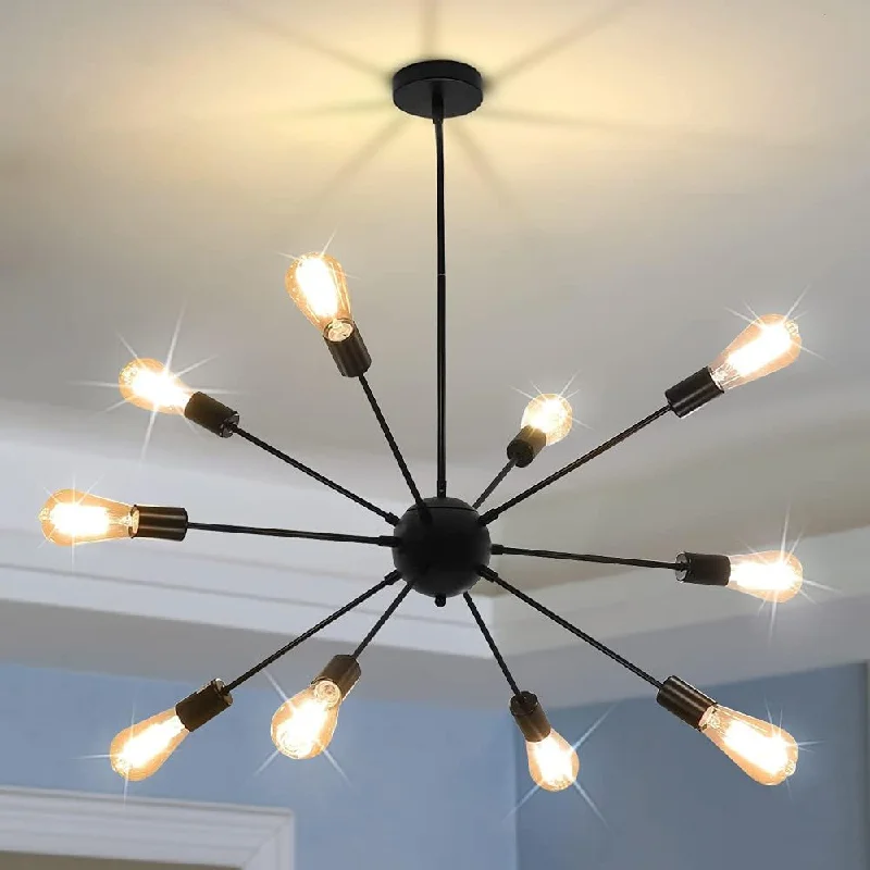 Chandeliers with Dimmable Lights for Ambiance ControlDLLT Sputnik Chandeliers 10-Light, Modern Pendant Lighting, Vintage Ceiling Light Fixture, Starburst Hanging Light for Dining Room, Kitchen Island, Bedroom, E26 Base, Black