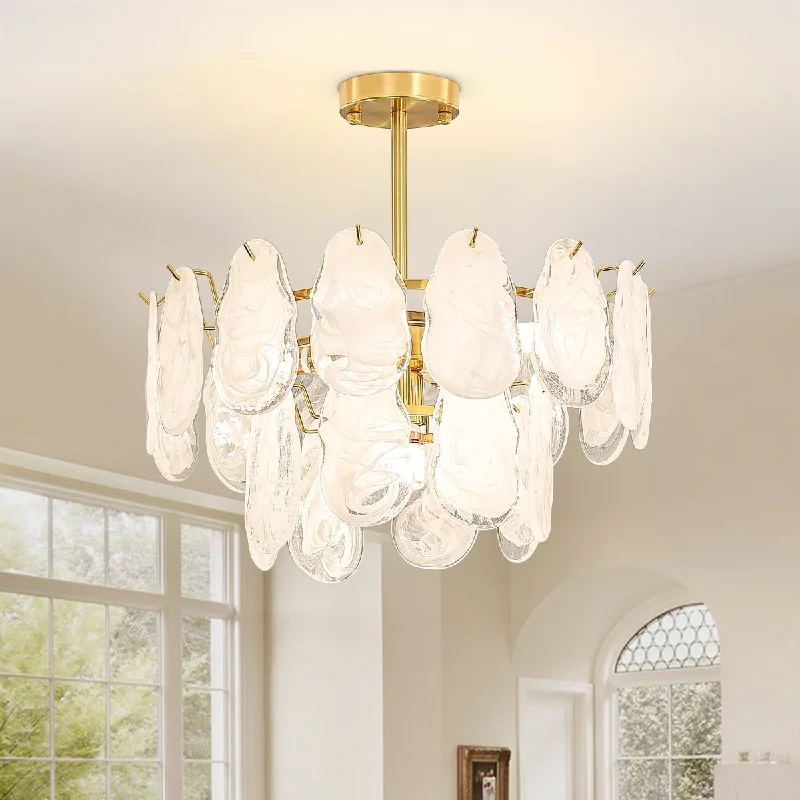 Chandeliers for Dining Rooms to Set the Mood for Meals16 Inch French Cloud Glass Chandelier, 4-Light Modern Semi Flush Mount Ceiling Light, Crystal Chandelier with 2-Tire Cloud Glass Lampshade for Bedroom, 4xLED Bulbs Included