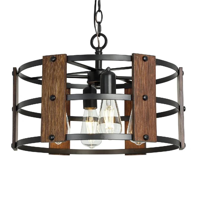 Chandeliers with Metal Frames in Copper FinishDLLT 4-Light Farmhouse Chandelier Light Fixtures Adjustable Height Rustic Drum Pendant Light for Living Room, Dining Room, Bedroom, Foyers, Walnut Wood and Black Metal Finish