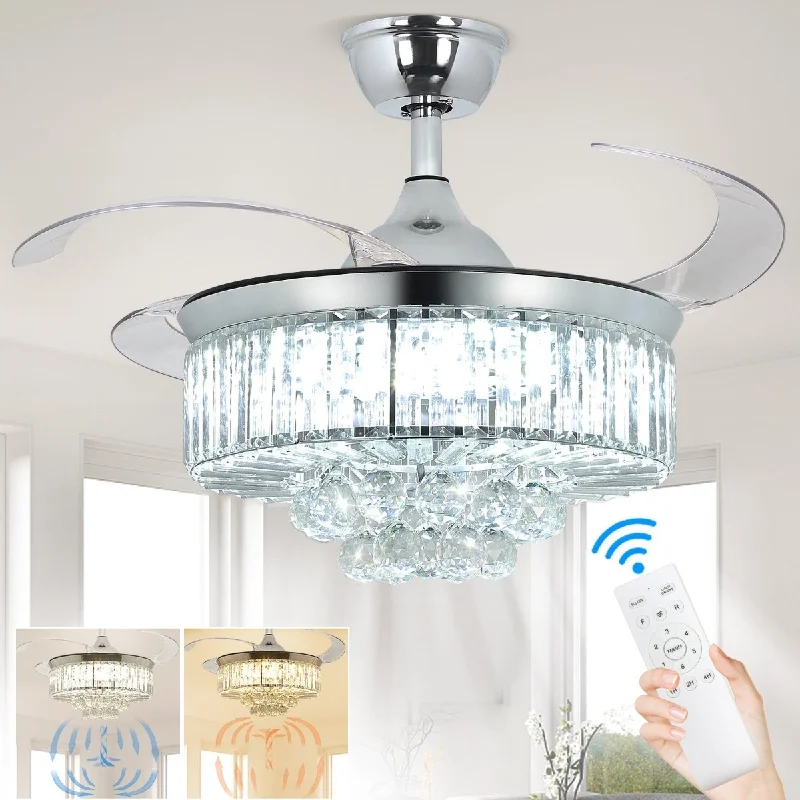 Chandeliers with Dimmable Lights for Ambiance ControlDLLT 42 In Modern Crystal Retractable Invisible Blades Fandelier, LED Chandelier Ceiling Fan with Lights and Remote for Bedroom, Living Room, 3 Color Changeable 3000K-6000K, Reversible DC Motor, 6 Speed, Silver