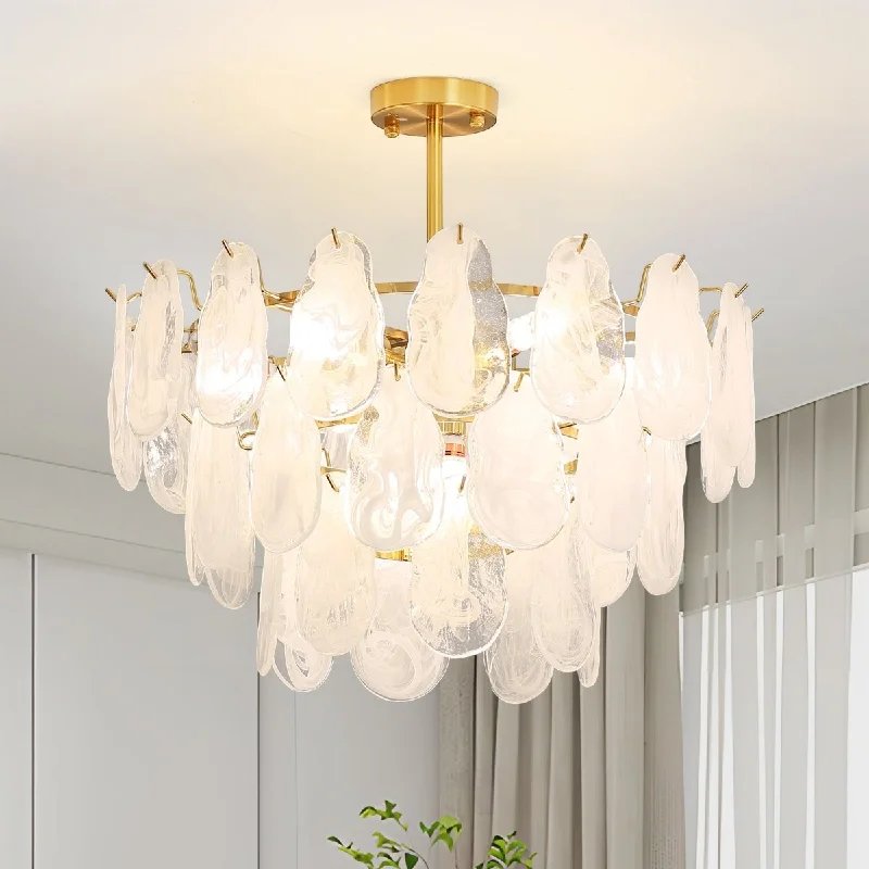 LED Chandeliers for Energy - Efficient Lighting6-Light Modern Semi Flush Mount Ceiling Light, 20" Crystal Chandelier Ceiling Light Fixtures with 3-Tire Cloud Glass Lampshade for Bedroom, Included 6 LED Bulbs