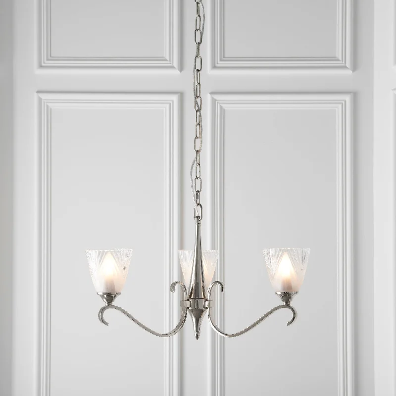 Chandeliers with Metal Frames in Silver FinishColumbia 3 Light Nickel Chandelier - Feather Glass Shades