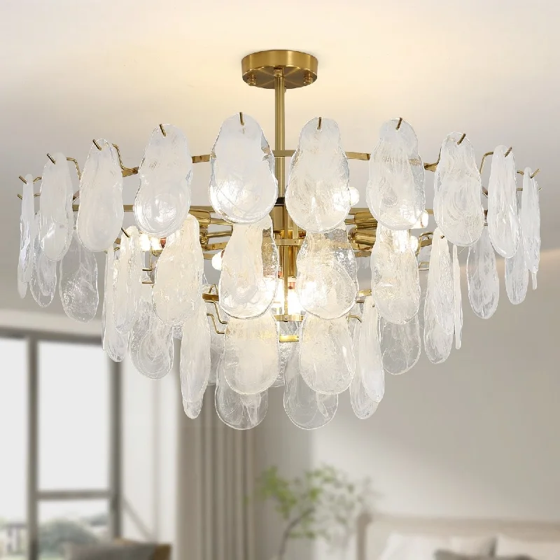 Chandeliers for Living Rooms to Create a Focal PointWansi Shine 12-Light Modern Semi Flush Mount Ceiling Light, 31.5" or 27.5" Crystal Chandelier Ceiling Light Fixtures with 3-Tire Cloud Glass Lampshade for Bedroom, Included 12 LED Bulbs