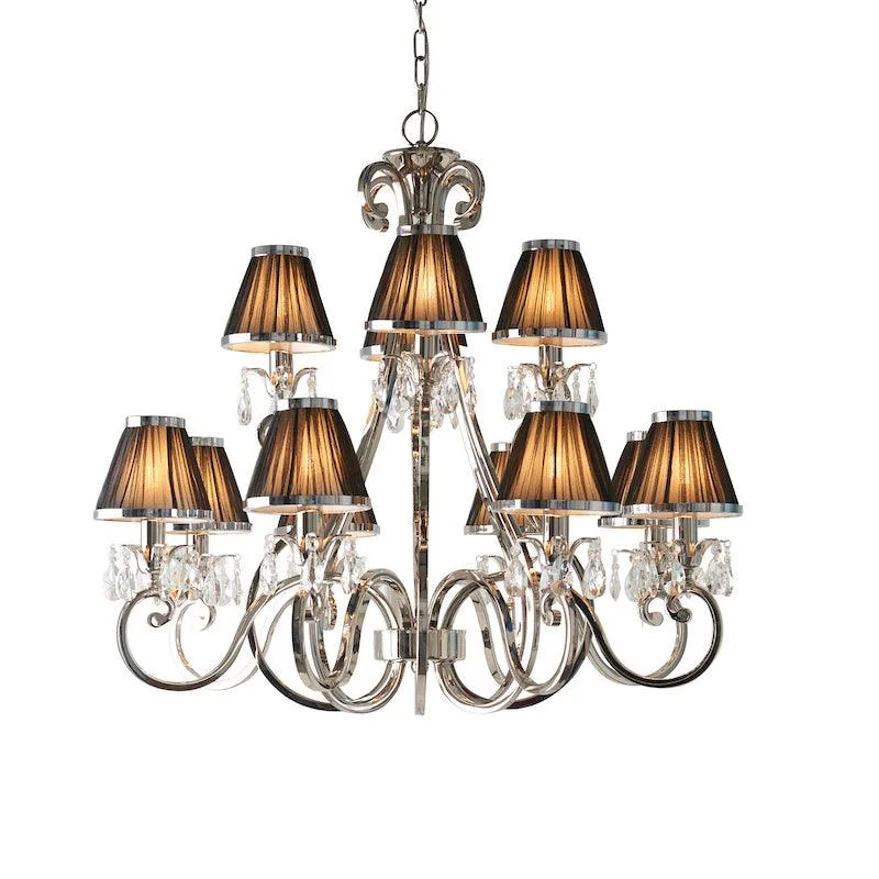 Chandeliers with Frosted Glass for a Softer Light DiffusionOksana Polished Nickel 12 Light Chandelier With Black Shades