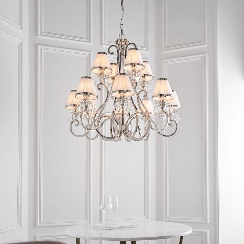 Mid - Century Modern Chandeliers for Vintage AppealOksana Polished Nickel 12 Light Chandelier With White Shades