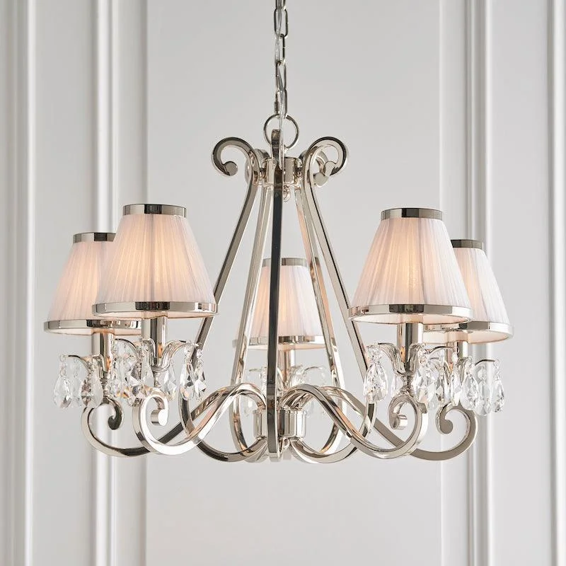 Chandeliers for Living Rooms to Create a Focal PointOksana Polished Nickel 5 Light Chandelier - White Shades