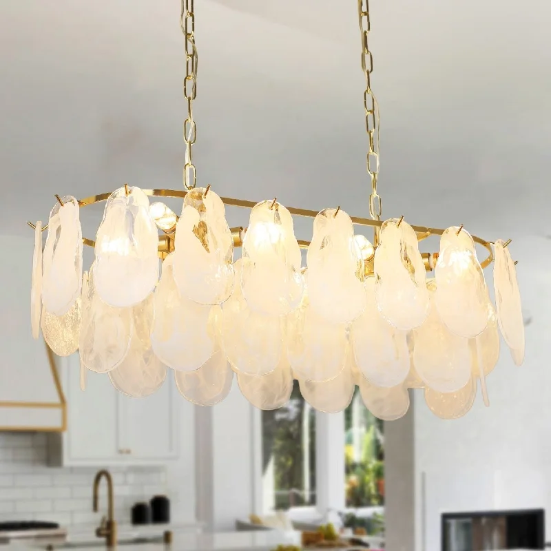 Chandeliers with Dimmable Lights for Ambiance Control8-Light Gold Oval Crystal Chandelier, 31.5" Kitchen Island Lighting Fixture, Adjustable Hanging Pendant Light for Hallway Foyer Breakfast Bar Living Room Dining Room, E12 Bulb Included, UL