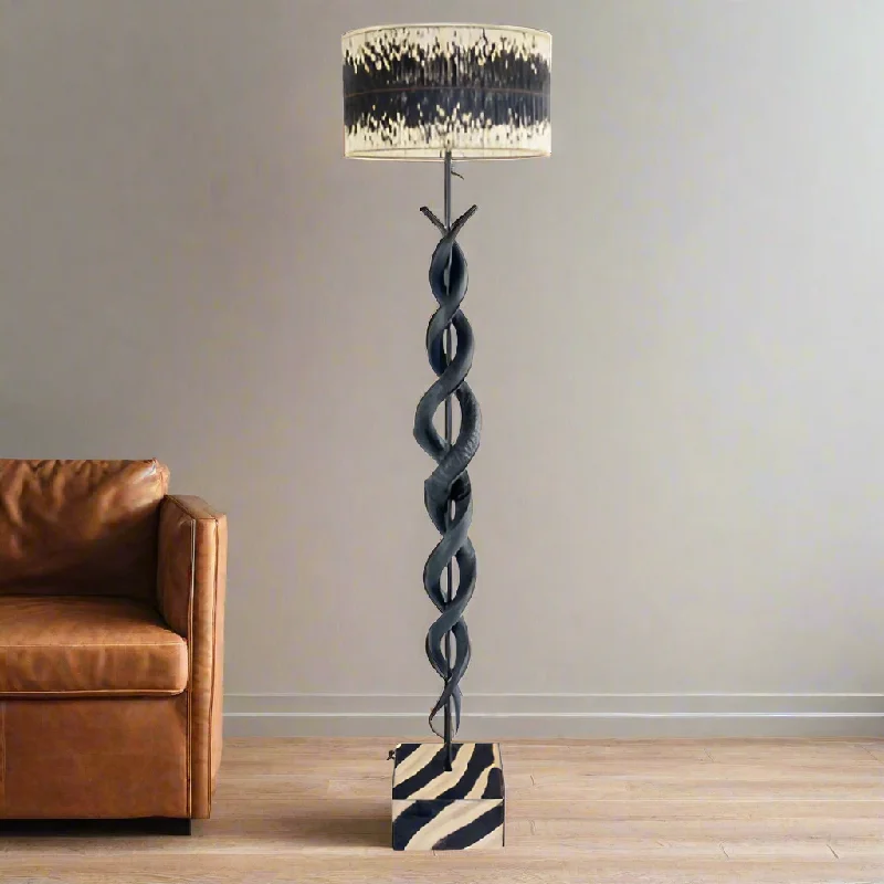 Marble Base Floor Lamp for a Touch of LuxuryBlack kudu horn double twist standing lamp & quill drum shade