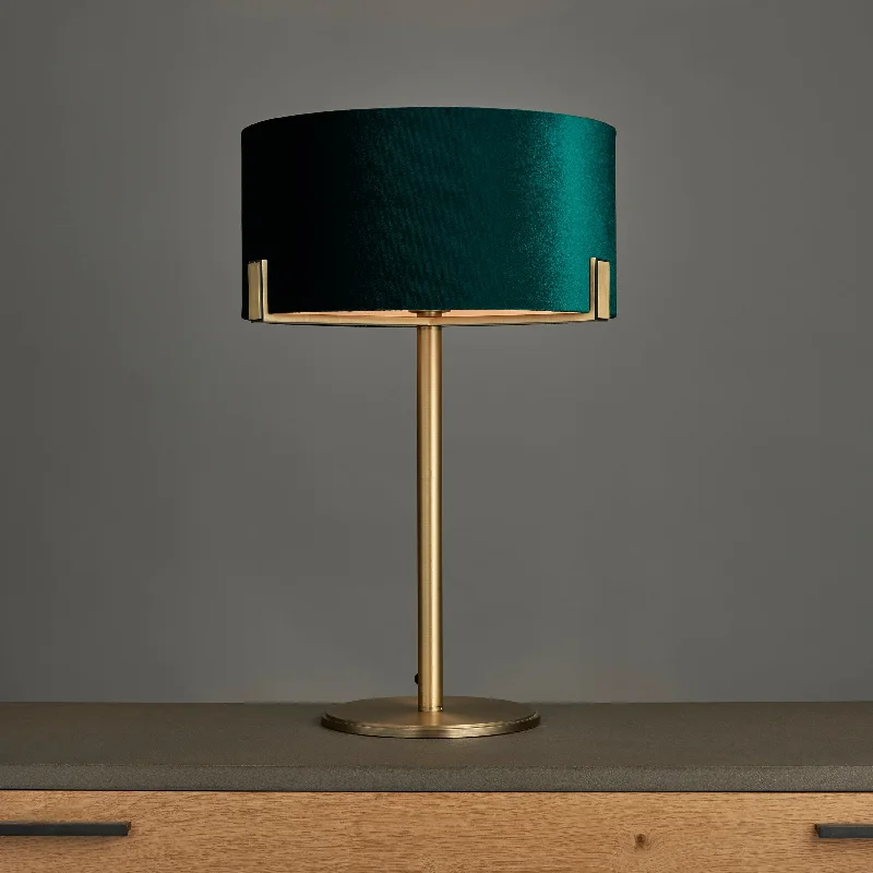 Wood Floor Lamp with Natural Grain for a Warm and Organic FeelMeadowlark 1Lt Indoor Table Lamp In Matt Antique Brass Plate & Green Velvet Finish