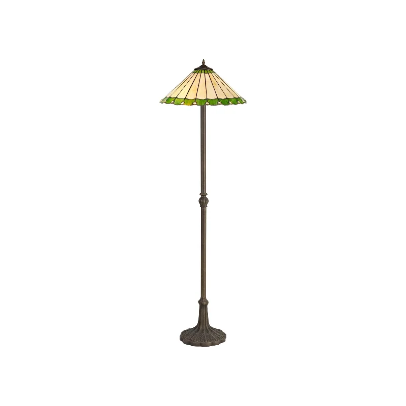 Bohemian Inspired Floor Lamp for Eclectic Home DecorNelson Lighting NLK02589 Umbrian 2 Light Leaf Design Floor Lamp With 40cm Tiffany Shade Green/Chrome/Brass